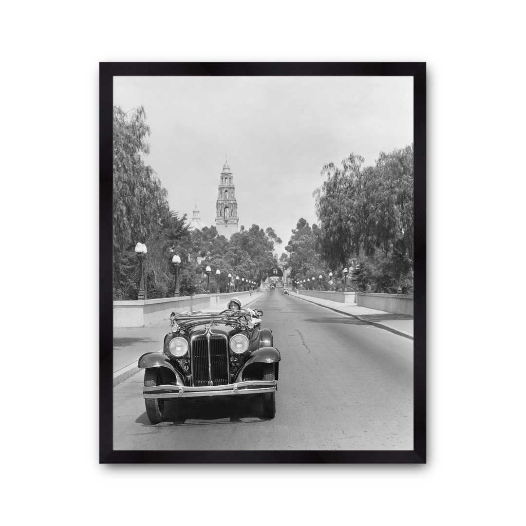 Young woman Driving on Cabrillo Bridge, 1931.