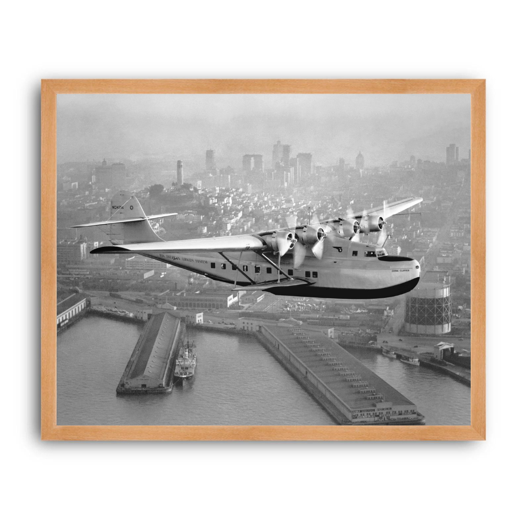 Aerial view of Pan American Airways "China Clipper" over San Francisco, 1936
