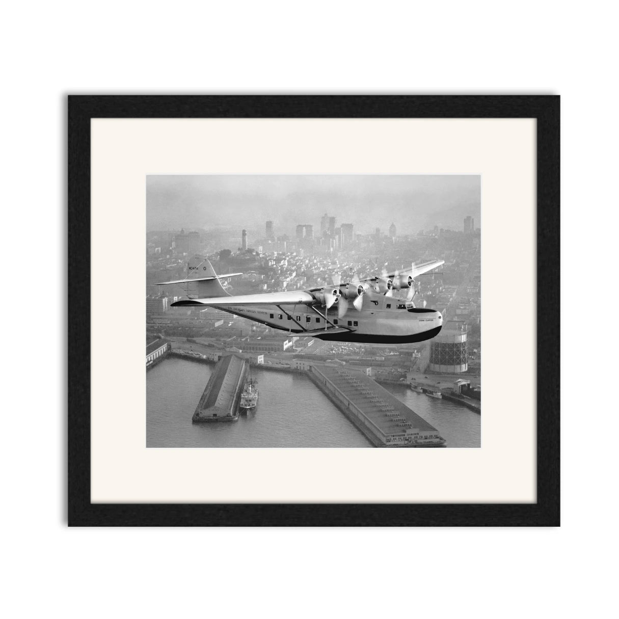 Aerial view of Pan American Airways "China Clipper" over San Francisco, 1936