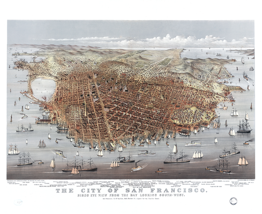 Map of San Francisco, 1878. Bird's Eye View from the Bay Looking South-West