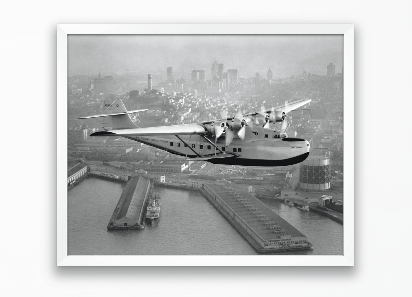 Aerial view of Pan American Airways "China Clipper" over San Francisco, 1936