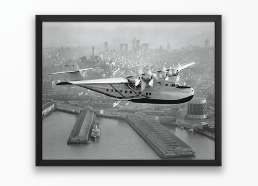 Aerial view of Pan American Airways "China Clipper" over San Francisco, 1936