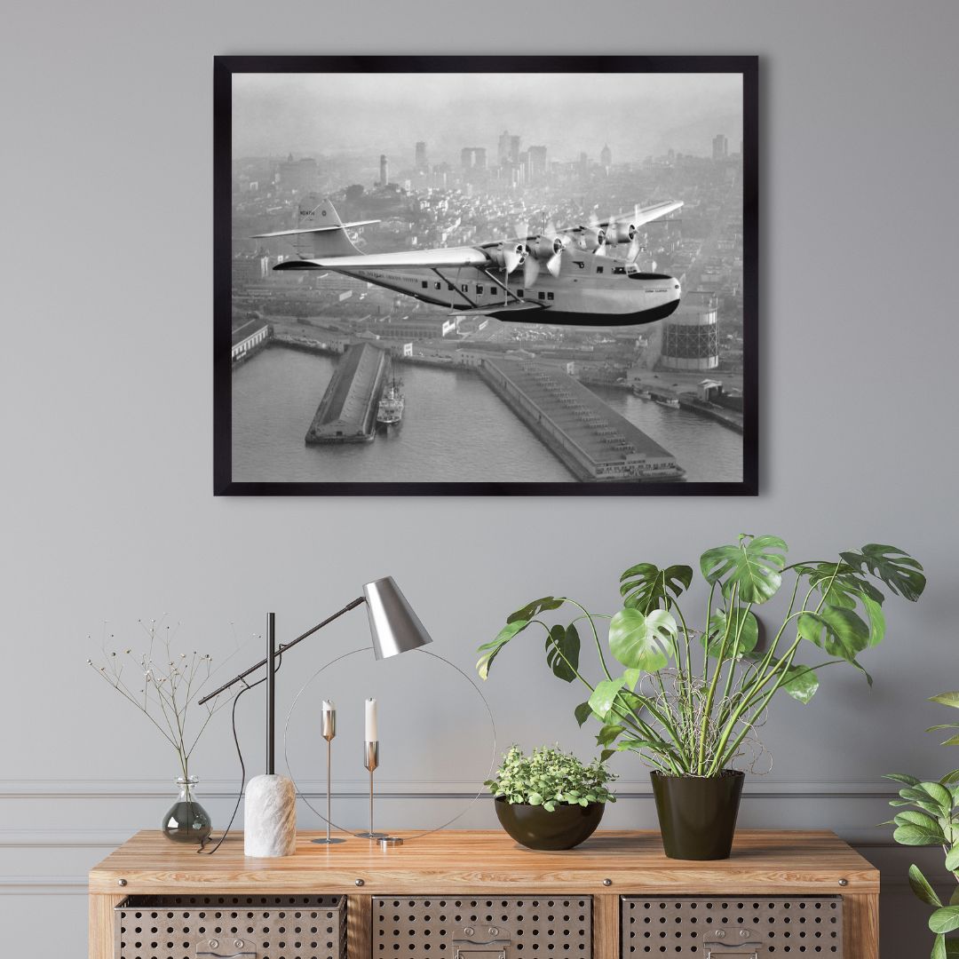 Aerial view of Pan American Airways "China Clipper" over San Francisco, 1936