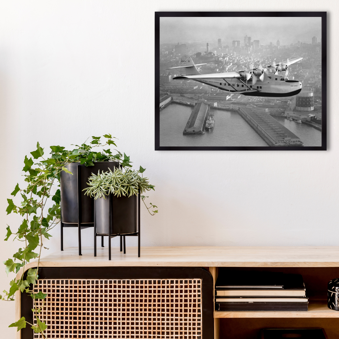Aerial view of Pan American Airways "China Clipper" over San Francisco, 1936