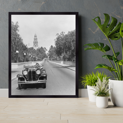 Young woman Driving on Cabrillo Bridge, 1931.