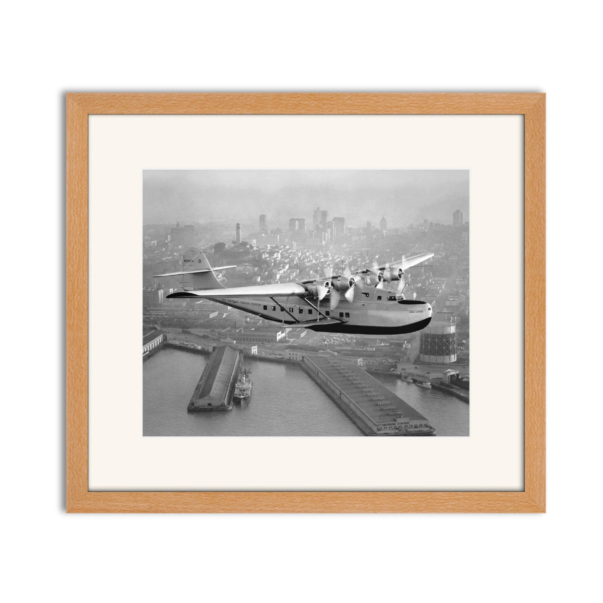 Aerial view of Pan American Airways "China Clipper" over San Francisco, 1936
