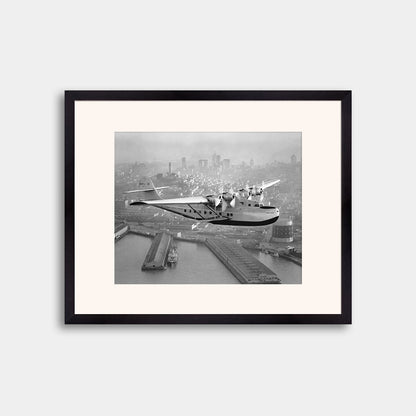 Aerial view of Pan American Airways "China Clipper" over San Francisco, 1936