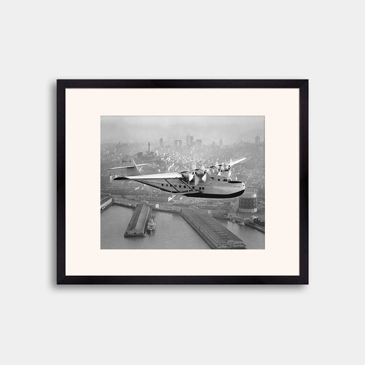 Aerial view of Pan American Airways "China Clipper" over San Francisco, 1936
