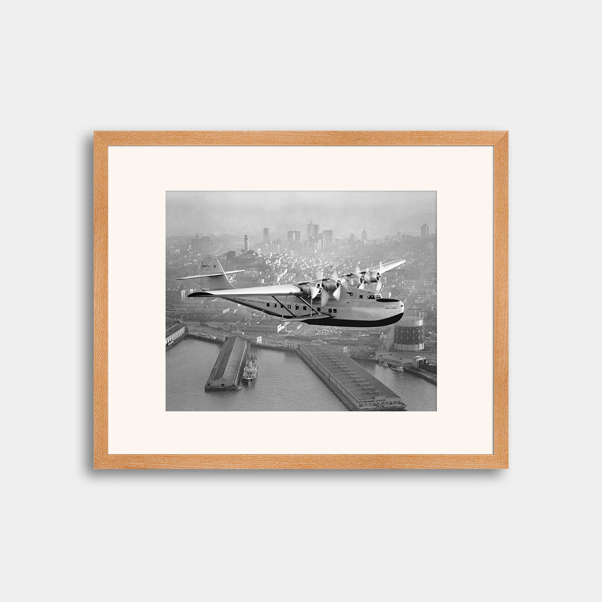 Aerial view of Pan American Airways "China Clipper" over San Francisco, 1936