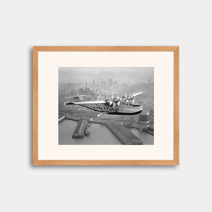 Aerial view of Pan American Airways "China Clipper" over San Francisco, 1936