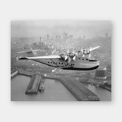 Aerial view of Pan American Airways "China Clipper" over San Francisco, 1936