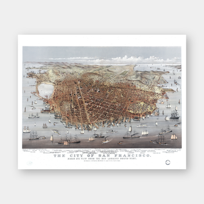 Map of San Francisco, 1878. Bird's Eye View from the Bay Looking South-West