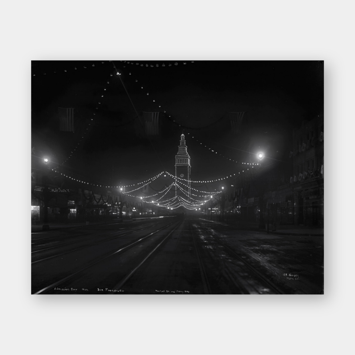 Market Street and Ferry Building lit up at night Admission Day, 1910
