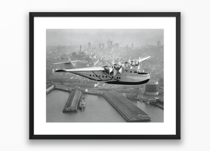 Aerial view of Pan American Airways "China Clipper" over San Francisco, 1936