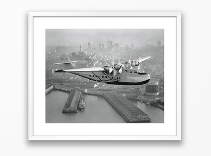 Aerial view of Pan American Airways "China Clipper" over San Francisco, 1936