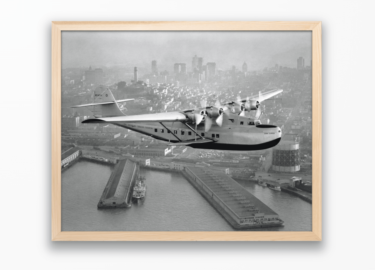 Aerial view of Pan American Airways "China Clipper" over San Francisco, 1936
