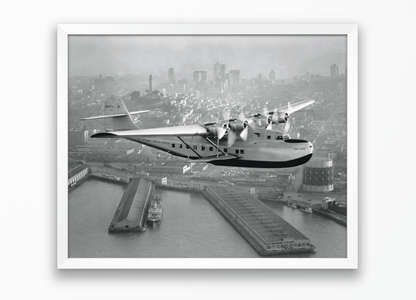Aerial view of Pan American Airways "China Clipper" over San Francisco, 1936