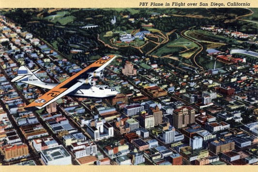 PBY Plane in Flight Over San Diego, circa 1940s