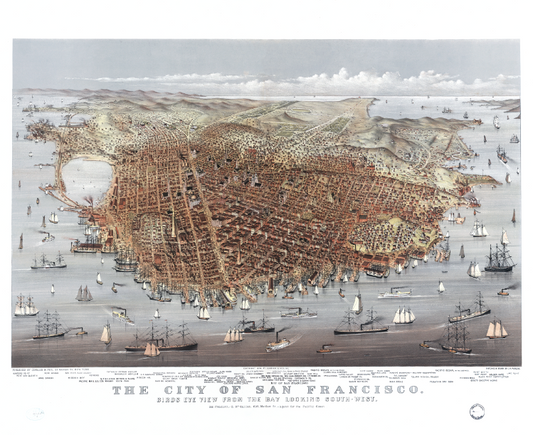 Map of San Francisco, 1878. Bird's Eye View from the Bay Looking South-West