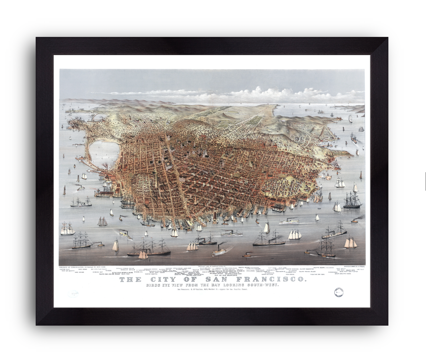 Map of San Francisco, 1878. Bird's Eye View from the Bay Looking South-West