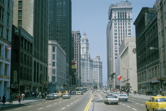 Looking down Michigan Avenue toward Wrigley Building, 1965